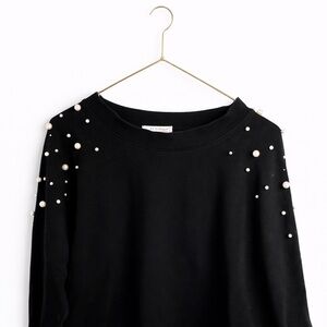 Black Pearl Embellished Sweatshirt • Made in Italy • Feminine Casual Chic • M/L